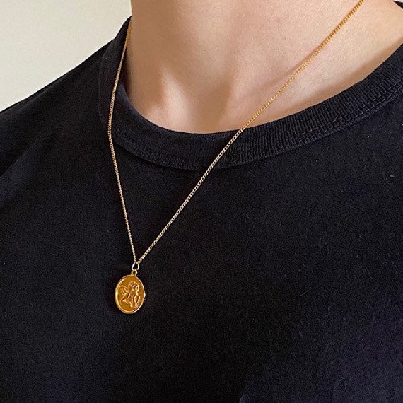 18ct Gold Plated Solid Angel Coin Pendant on a Curb Chain Layer