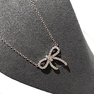 Silver Dainty Bow Pendant on a Fixed Curb Chain, Bow jewelry, Sparkly Bow Necklace, Small Diamond appearance Bow Pendant, Mom Daughter Gift