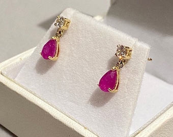 9ct Vintage Ruby Classic Drops, Genuine Teardop Pink Red Earrings, Tiny Dangle, Vintage Victorian Design. Ruby Jewelry, Ruby Anniversary