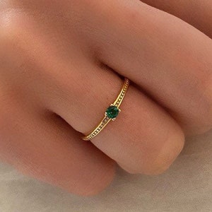 Dainty Green Emerald Cubic Zirconia Ring, Stacking Ring, Delicate Adjustable Dainty Ring | Emerald Gold Ring | Green Sapphire Jewelry | Gift