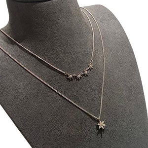 Sterling Silver Dainty Mini Flower Design Necklace, Double Row, Layering Necklace, Zircon Necklace | Minimalist Flower Necklace