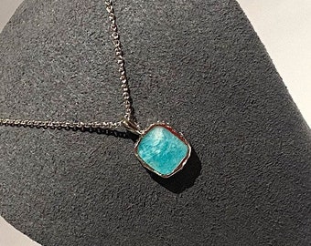 Silver Amazonite Necklace | Boho | March Birthstone  | Blue Stone Pendant | Blue Square Pendant  | Lab Amazonite Pendant | Blue Crystal