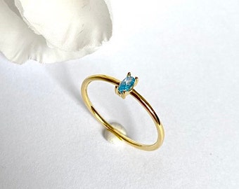 Dainty Topaz Blue Gold Thin Ring, Marquise Claw Set Stone, Aqua Marine, Conflict Free, Delicate Thin Ring, Skinny Ring,  Blue Ring, Blue Gem