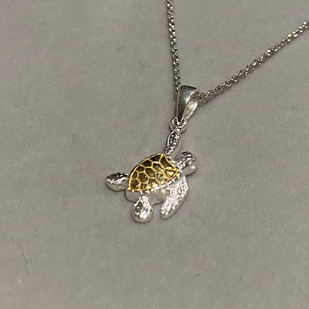 Turtle Chain Turtle Pendant on Silver Curb Chain, Detailed Small Stunning Gold and ...