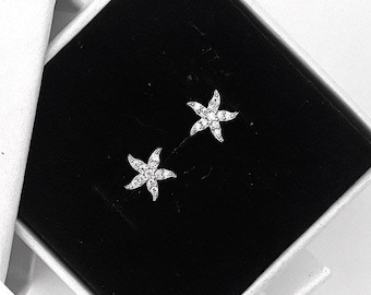 9ct Solid White Gold Starfish Cubic Zirconia Diamond Appearance Earring | Starfish Jewelry | Starfish Studs | Gift For Her | Ocean Jewelry
