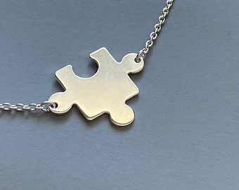 Puzzle Silver Puzzle Necklace, Autism Silver Necklace, Support Autism, Neurodiversity Autism awareness necklace, Solid Puzzle Charm Necklet