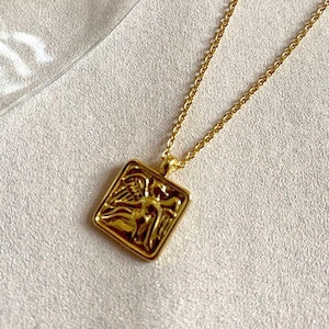 Vierkante Romeinse munthanger engel, sporenketting | Laagketting | Boho | Ketting uit het oude Rome | Godin Venus | Liefde en schoonheid | 18 kt verguld
