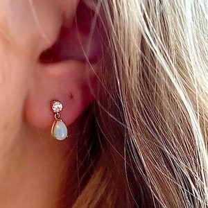 Gold Opal and Diamond Dazzling Cubic Zirconia, Opal Oval Drops | Real Opal Gems | 9ct Gold | Drop Earrings | Bridal Jewelry | Anniversary