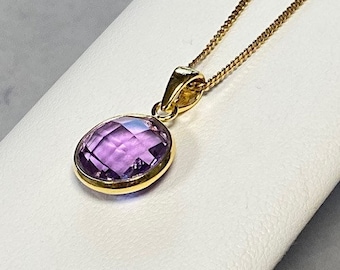 Round Gold Amethyst Lilac Pendant on 18ct Gold Plated Curb Chain, Y2K Purple Cushion Bezel Set Amethyst, Natural Amethyst, Genuine Amethyst