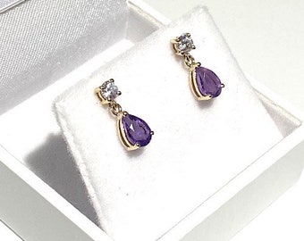 Amethyst & Diamond Dazzling Cubic Zirconia, Genuine Amethyst Oval Dangle Drops, Real Amethyst 9ct Yellow Gold Earring, Anniversary Gift