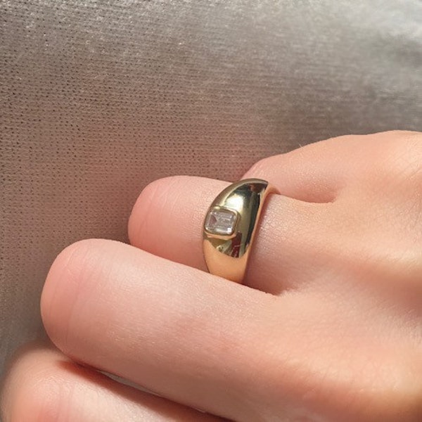 Domed Gold Ring With Central Cubic Zirconia, Gypsy Boho Gold Ring, Emerald Cut Diamond Gypsy Ring, Victorian Style Ring, Wide Domed Ring