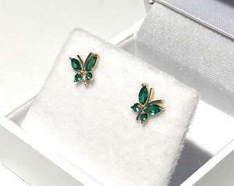 9ct Gold Green Genuine Emerald Butterfly Earrings | Flying Butterfly Jewelry | Dainty 375 Butterfly Studs | Emerald Earring | Green Jewelry