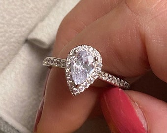 Diamond Teardrop Halo Ring | Lab Simulated Diamond | 60th Anniversary | Pear Drop | Engagement, Diamond Jubilee |  Wedding | Statement Ring