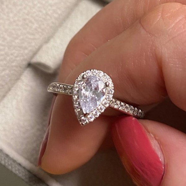 Diamond Teardrop Halo Ring | Lab Simulated Diamond | 60th Anniversary | Pear Drop | Engagement, Diamond Jubilee |  Wedding | Statement Ring