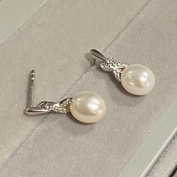 Fresh Water Pearl and Simulated Diamond White Gold Drops, White Gold on Sterling Silver, Bridal Earrings, Evening Jewellery, Pearl Jewelry