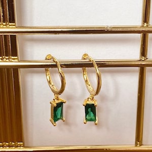 Gold Sterling Silver Emerald Cut Green Cubic Zirconia Drops | Green Jewelry | Gift For Her | Emerald Baguette Earring | Emerald Jewelry