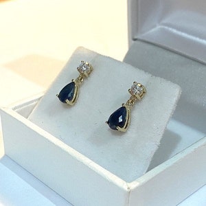 9ct Yellow Gold Midnight Blue Sapphire Drops, Dangle Drops, Genuine Sapphire, Created Diamond Drops, Dark Blue Earrings, Blue Jewellery