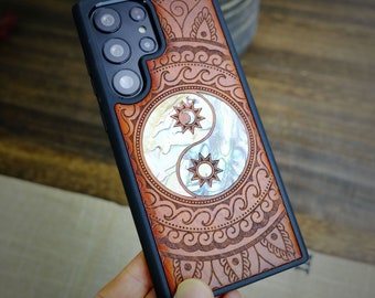 Celestial Balance: The Yin Yang Paisley. Hand-Inlaid Wood & Mother of Pearl Case - Artisanal Cover for iPhone, Galaxy and Pixel