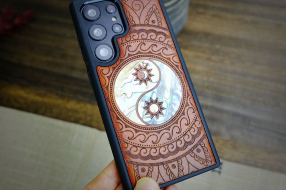 Celestial Balance: The Yin Yang Paisley. Hand-Inlaid Wood & Mother of Pearl Case - Artisanal Cover for iPhone, Galaxy and Pixel