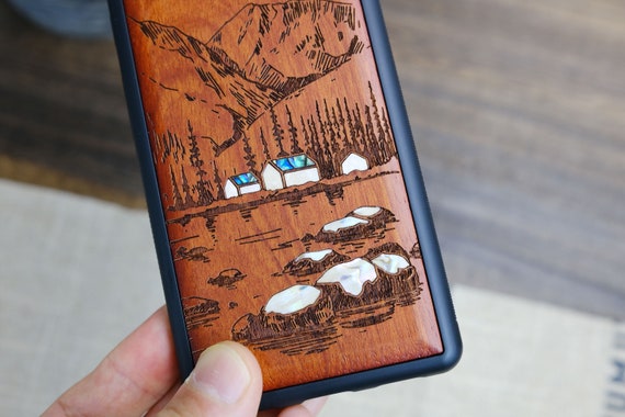 Serene Wilderness: Mountains, Lake, and Village Life, Hand-Inlaid Wood & Mother of Pearl Case - Artisanal Cover for iPhone, Galaxy and Pixel