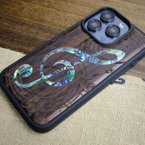 Symphony of Artistry: The Grand Clef Musical Notes, Hand-Inlaid Wood & Mother of Pearl Case - Artisanal Cover for iPhone, Galaxy and Pixel