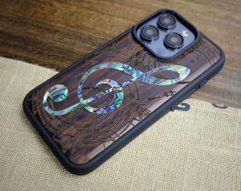 Symphony of Artistry: The Grand Clef Musical Notes, Hand-Inlaid Wood & Mother of Pearl Case - Artisanal Cover for iPhone, Galaxy and Pixel