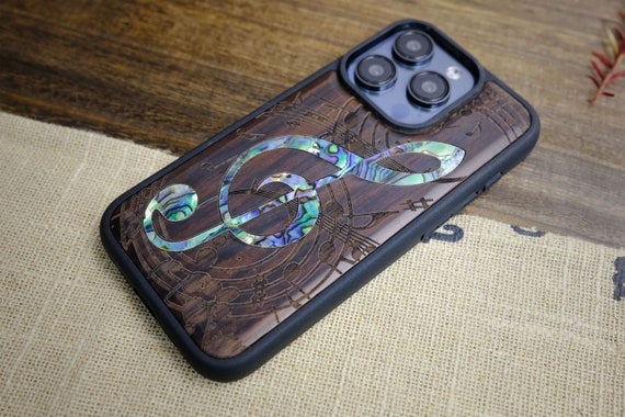 Symphony of Artistry: The Grand Clef Musical Notes, Hand-Inlaid Wood & Mother of Pearl Case - Artisanal Cover for iPhone, Galaxy and Pixel