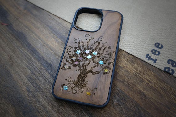 Floral Symphony: The Enchanted Blooming Tree, Hand-Inlaid Wood & Mother of Pearl Case - Artisanal Cover for iPhone, Galaxy and Pixel