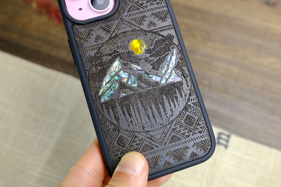 Mountain Reflections: Aztec Vistas, Hand-Inlaid Wood & Mother of Pearl Case - Artisanal Cover for iPhone, Galaxy and Pixel