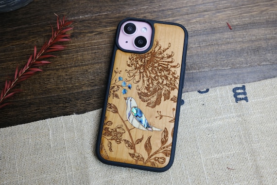 Eternal Elegance: The Chrysanthemum and the Songbird, Hand-Inlaid Wood & Mother of Pearl Case - Artisanal Cover for iPhone, Galaxy and Pixel