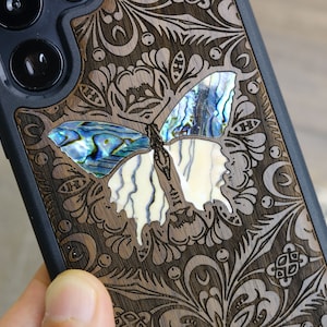 Butterfly&#39;s Elegance: The Wonder, Hand-Inlaid Wood & Mother of Pearl Case - Artisanal Cover for iPhone, Galaxy and Pixel