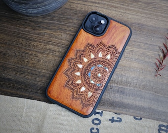 Floral Symmetry: The Half Mandala Lace Art, Hand-Inlaid Wood & Mother of Pearl Case - Artisanal Cover for iPhone, Galaxy and Pixel