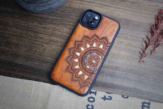 Floral Symmetry: The Half Mandala Lace Art, Hand-Inlaid Wood & Mother of Pearl Case - Artisanal Cover for iPhone, Galaxy and Pixel