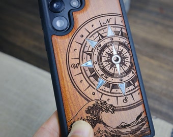 Mariner&#39;s Odyssey: The Compass and the Wave, Hand-Inlaid Wood & Mother of Pearl Case - Artisanal Cover for iPhone, Galaxy and Pixel