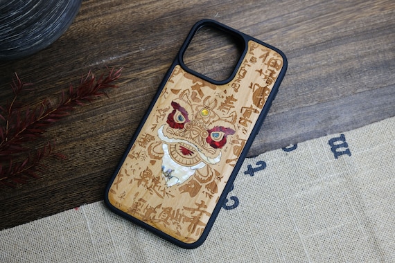 Chinese Lion Dance Head amidst Auspicious Characters, Hand-Inlaid Wood & Mother of Pearl Case - Artisanal Cover for iPhone, Galaxy and Pixel