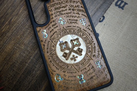 Crossed Keys and Octagonal Star: A Heraldic Enigma, Hand-Inlaid Wood & Mother of Pearl Case - Artisanal Cover for iPhone, Galaxy and Pixel