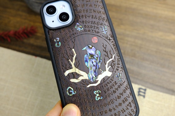 Raven's Arcanum: Whispers of the Enigma, Hand-Inlaid Wood & Mother of Pearl Case - Artisanal Cover for iPhone, Galaxy and Pixel