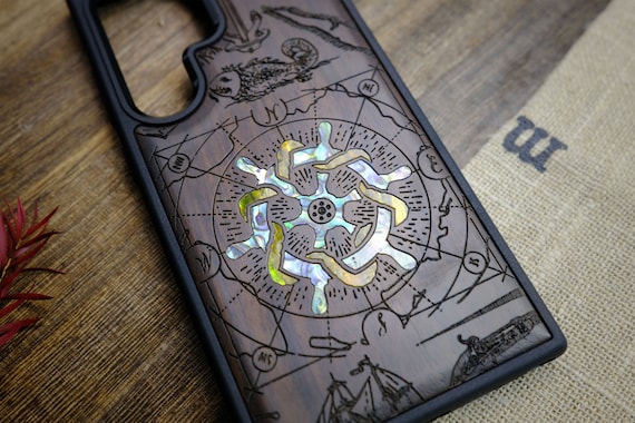 Vintage Wooden Wheel and the Treasures of the Sea, Hand-Inlaid Wood & Mother of Pearl Case - Artisanal Cover for iPhone, Galaxy and Pixel