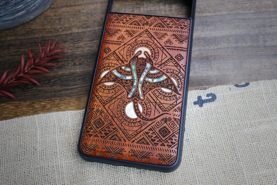 The Tribal Manta Ray: An Aztec Odyssey, Hand-Inlaid Wood & Mother of Pearl Case - Artisanal Cover for iPhone, Galaxy and Pixel