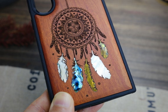 The Dreamcatcher's Embrace, Hand-Inlaid Wood & Mother of Pearl Case - Artisanal Cover for iPhone, Galaxy and Pixel