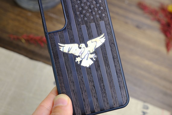 Liberty's Flight: The Eagle and the Stars, Hand-Inlaid Wood & Mother of Pearl Case - Artisanal Cover for iPhone, Galaxy and Pixel