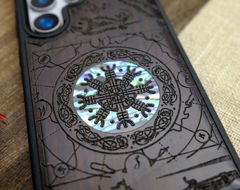 Viking Shield Amidst Maritime Treasures, Hand-Inlaid Wood & Mother of Pearl Case - Artisanal Cover for iPhone, Galaxy and Pixel