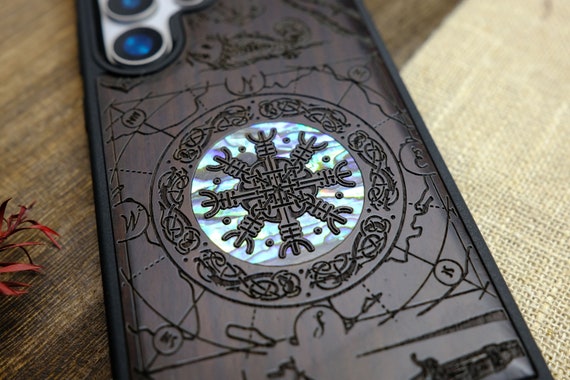 Viking Shield Amidst Maritime Treasures, Hand-Inlaid Wood & Mother of Pearl Case - Artisanal Cover for iPhone, Galaxy and Pixel