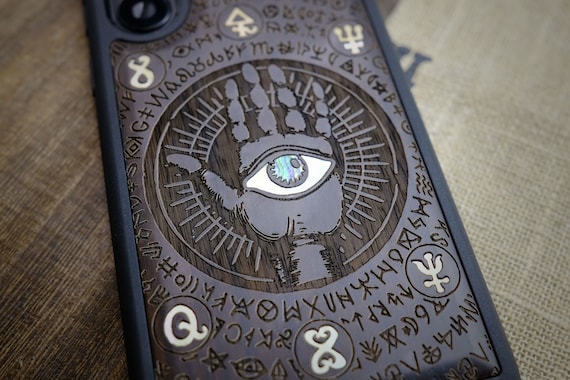 All-Seeing Hand and Octagonal Star, Hand-Inlaid Wood & Mother of Pearl Case - Artisanal Cover for iPhone, Galaxy and Pixel