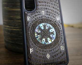 Viking Valor: The Shield of Dragons and Awe, Hand-Inlaid Wood & Mother of Pearl Case - Artisanal Cover for iPhone, Galaxy and Pixel