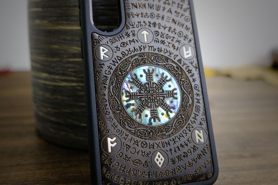 Viking Valor: The Shield of Dragons and Awe, Hand-Inlaid Wood & Mother of Pearl Case - Artisanal Cover for iPhone, Galaxy and Pixel