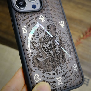 Mortality and Medicine: The Reaper&#39;s Scythe, Hand-Inlaid Wood & Mother of Pearl Case - Artisanal Cover for iPhone, Galaxy and Pixel
