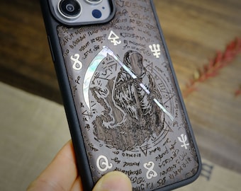 Mortality and Medicine: The Reaper&#39;s Scythe, Hand-Inlaid Wood & Mother of Pearl Case - Artisanal Cover for iPhone, Galaxy and Pixel