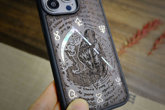 Mortality and Medicine: The Reaper's Scythe, Hand-Inlaid Wood & Mother of Pearl Case - Artisanal Cover for iPhone, Galaxy and Pixel