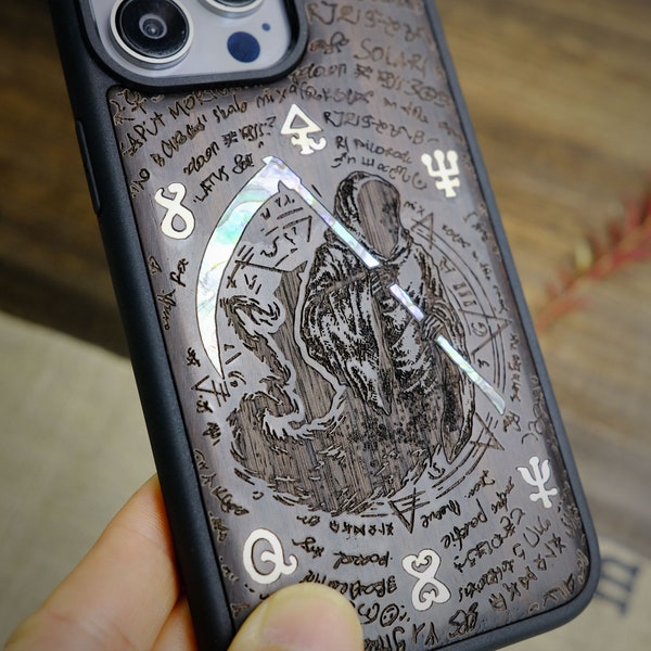 Mortality and Medicine: The Reaper's Scythe, Hand-Inlaid Wood & Mother of Pearl Case - Artisanal Cover for iPhone, Galaxy and Pixel